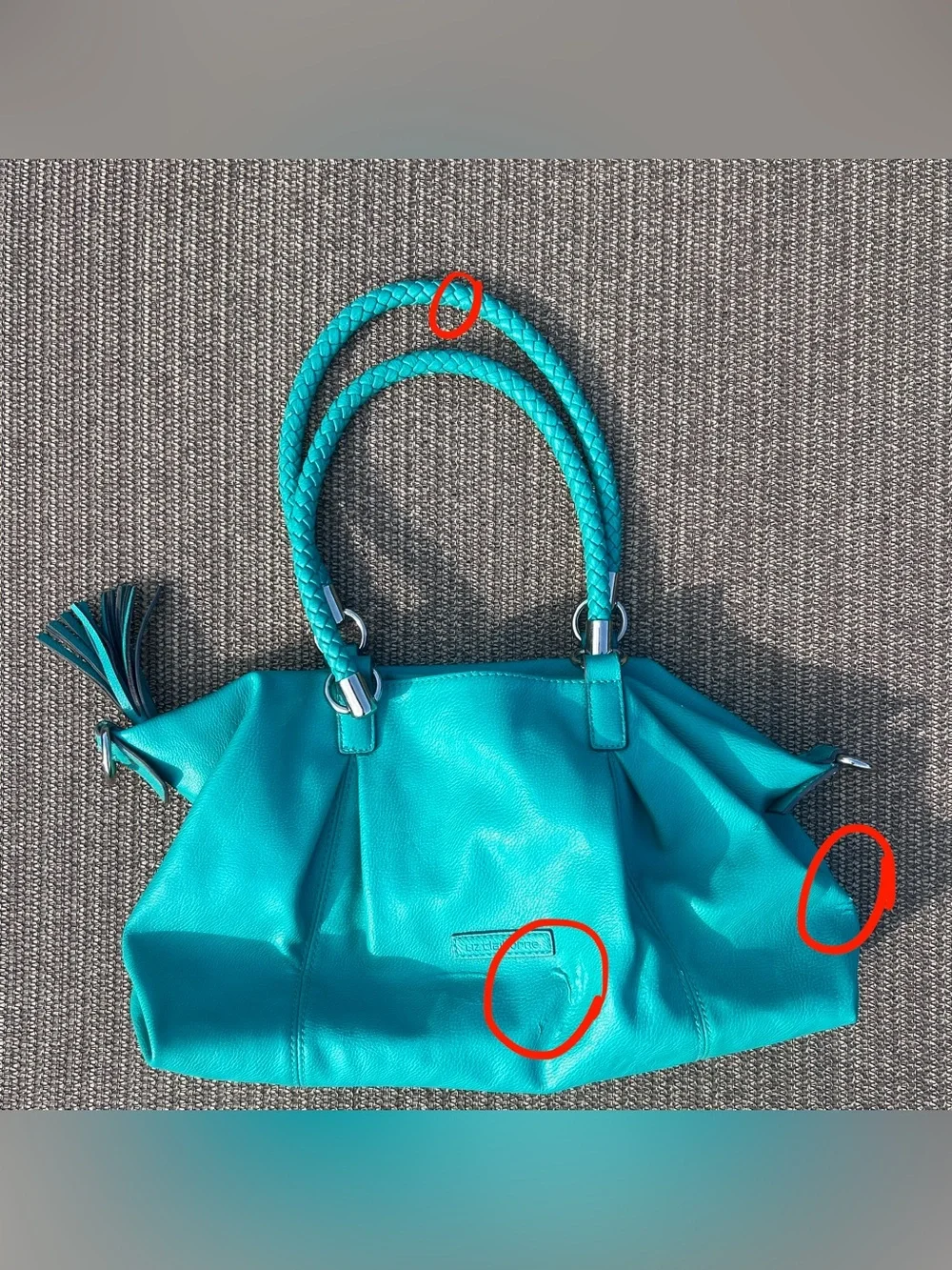 Liz Claiborne teal leather handbag with braided handles and tassel